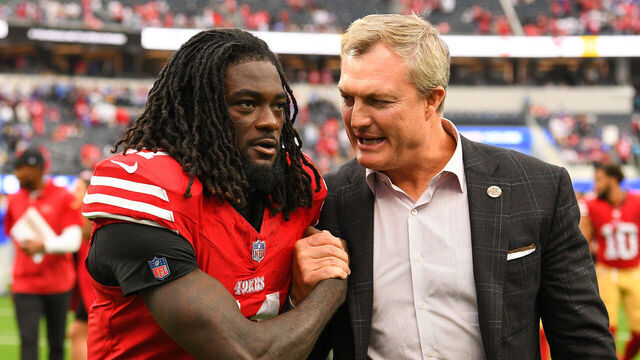 INGLEWOOD, CA - SEPTEMBER 17: San Francisco 49ers wide receiver Brandon Aiyuk (11) celebrates with general manager John Lynch after the NFL game between the San Francisco 49ers and the Los Angeles Rams on September 17, 2023, at SoFi Stadium in Inglewood, CA.