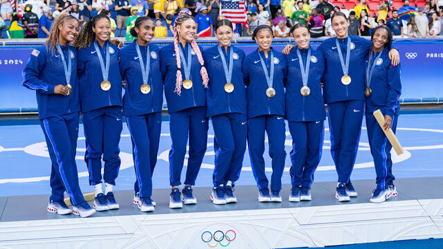 PARIS, FRANCE - AUGUST 10: United States players celebrate being Gold Medalists after the Medal Ceremony for the Women's Gold Medal match between Brazil and United States of America on Day 15 of the Olympic Games Paris 2024 at Parc des Princes on August 10, 2024 in Paris, France.
