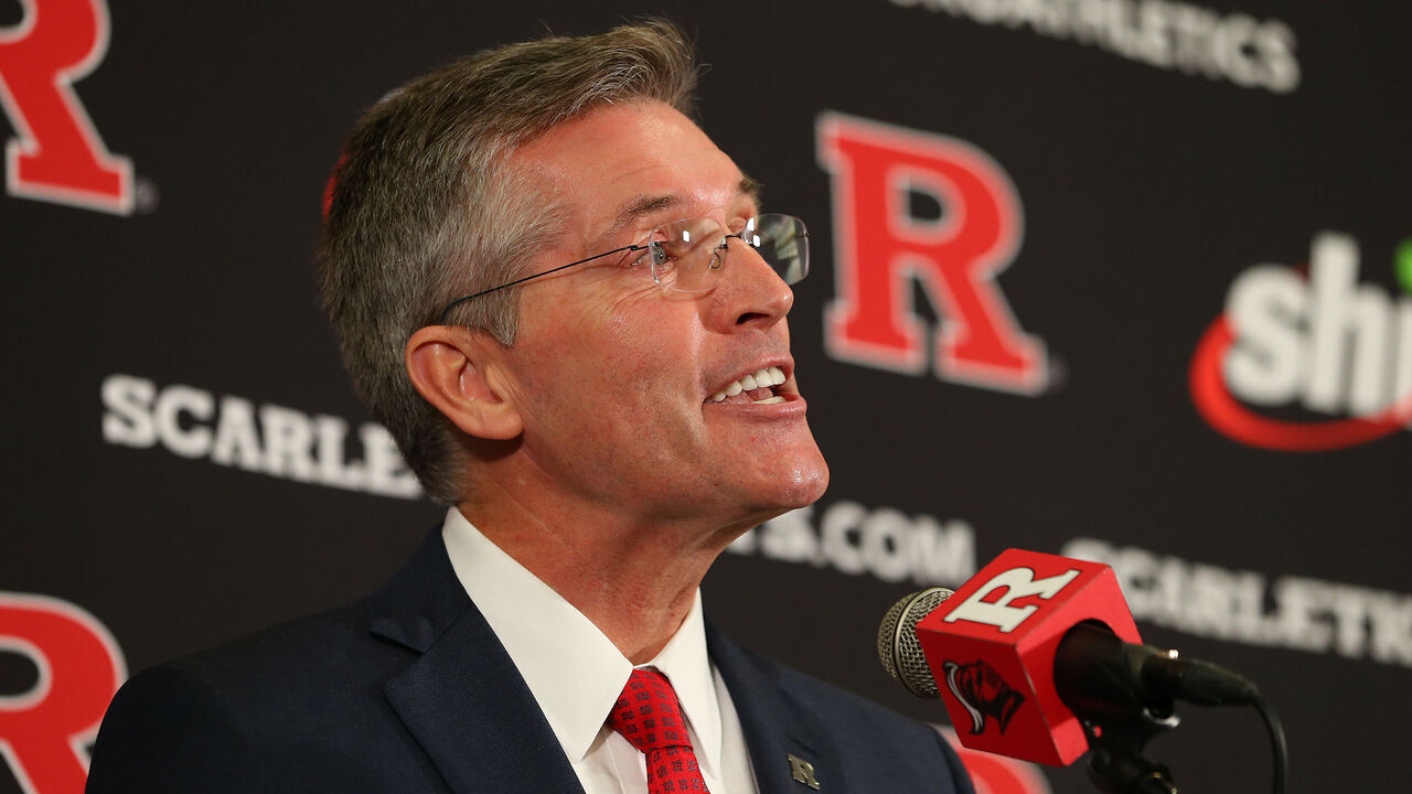 PISCATAWAY, NJ - DECEMBER 04: Rutgers Athletic Director Pat Hobbs speaks before Greg Schiano is introduced as the new head football coach of the Scarlet Knights on December 4, 2019 in Piscataway, New Jersey.