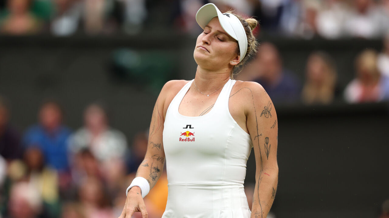 LONDON, ENGLAND - JULY 02: Marketa Vondrousova of Czech Republic reacts as she plays against Jessica Bouzas Maneiro of Spain in her Ladies' Singles first round match during day two of The Championships Wimbledon 2024 at All England Lawn Tennis and Croquet Club on July 02, 2024 in London, England.