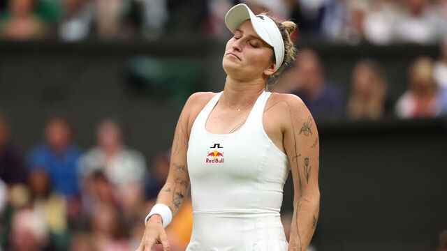 LONDON, ENGLAND - JULY 02: Marketa Vondrousova of Czech Republic reacts as she plays against Jessica Bouzas Maneiro of Spain in her Ladies' Singles first round match during day two of The Championships Wimbledon 2024 at All England Lawn Tennis and Croquet Club on July 02, 2024 in London, England.
