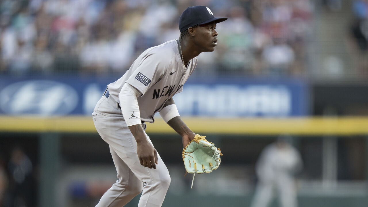 CHICAGO, ILLINOIS - AUGUST 12: Jazz Chisholm of the New York Yankees plays third base in a game against the Chicago White Sox at Guaranteed Rate Field on August 12, 2024 in Chicago, Illinois.