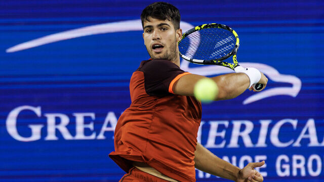 MASON, OHIO - AUGUST 15: Carlos Alcaraz of Spain hits a forehand against Gael Monfils of France in the second round of the men's singles at the Cincinnati Open at the Lindner Family Tennis Center on August 15, 2024 in Mason, Ohio.