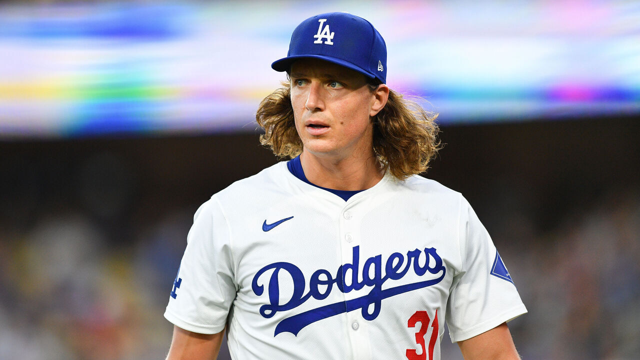 LOS ANGELES, CA - AUGUST 05: Los Angeles Dodgers Pitcher Tyler Glasnow (31) looks on during the MLB game between the Philadelphia Phillies and the Los Angeles Dodgers on August 5, 2024 at Dodger Stadium in Los Angeles, CA.