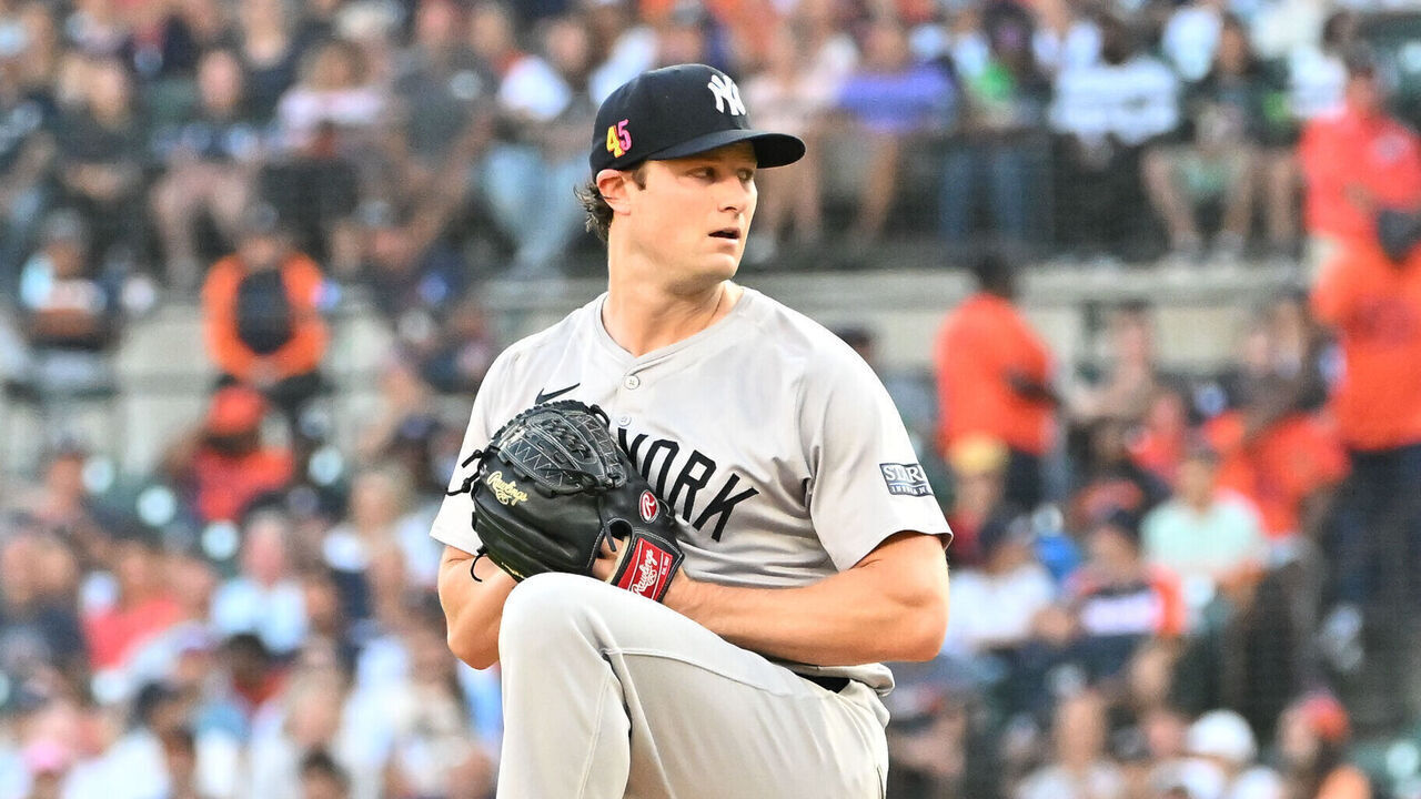 DETROIT, MI - AUGUST 16: New York Yankees pitcher Gerrit Cole (45) pitches in the second inning during the Detroit Tigers versus the New York Yankees game on Friday August 16, 2024 at Comerica Park in Detroit, MI.