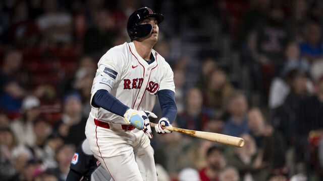 BOSTON, MA - APRIL 16: Triston Casas #36 of the Boston Red Sox hits a home urn during the sixth inning of a game against the Cleveland Guardians on April 16, 2024 at Fenway Park in Boston, Massachusetts.