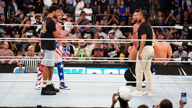 NEW YORK, NEW YORK - JUNE 28: (L-R) Indiana Pacers point guard Tyrese Haliburton and Logan Paul confront New York Knicks point guard Jalen Brunson and LA Knight during WWE SmackDown at Madison Square Garden on June 28, 2024 in New York City.