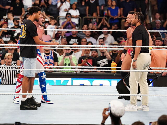 NEW YORK, NEW YORK - JUNE 28: (L-R) Indiana Pacers point guard Tyrese Haliburton and Logan Paul confront New York Knicks point guard Jalen Brunson and LA Knight during WWE SmackDown at Madison Square Garden on June 28, 2024 in New York City.