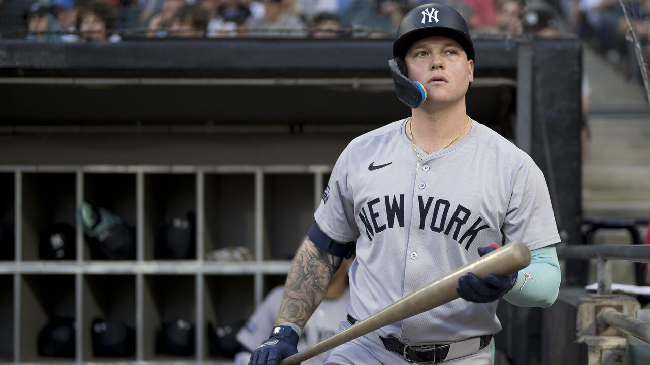 CHICAGO, ILLINOIS - AUGUST 12: Alex Verdugo of the New York Yankees looks on in a game against the Chicago White Sox at Guaranteed Rate Field on August 12, 2024 in Chicago, Illinois.