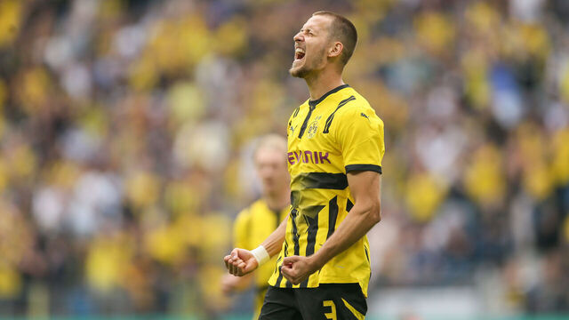 LUEBECK, GERMANY - AUGUST 17: Waldemar Anton of Dortmund celebrates their team's first goal during the DFB-Pokal match between 1. FC Phönix Lübeck and Borussia Dortmund at on August 17, 2024 in Luebeck, Germany.