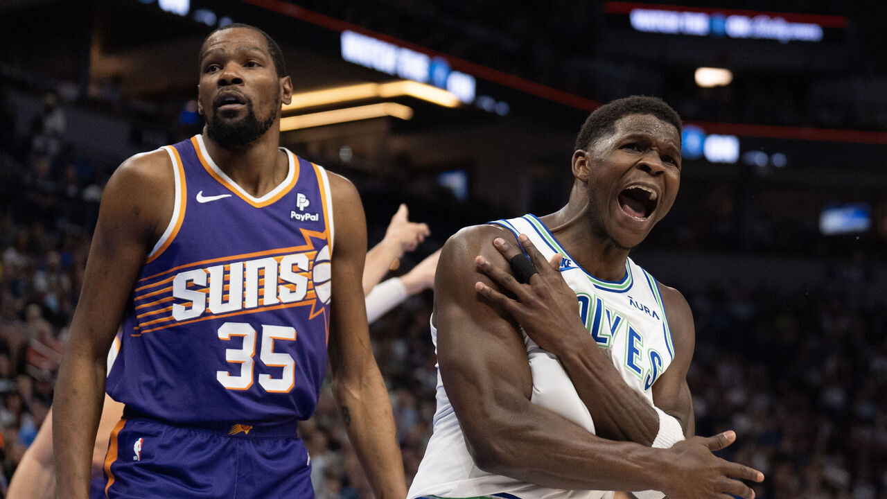 MINNEAPOLIS, MN. - APRIL 2024: Minnesota Timberwolves guard Anthony Edwards (5) reacted after a non-call on Phoenix Suns forward Kevin Durant (35) in the first quarter. The Minnesota Timberwolves faced the Phoenix Suns in an NBA basketball game Sunday afternoon, April 14, 2024 at Target Center in Minneapolis.