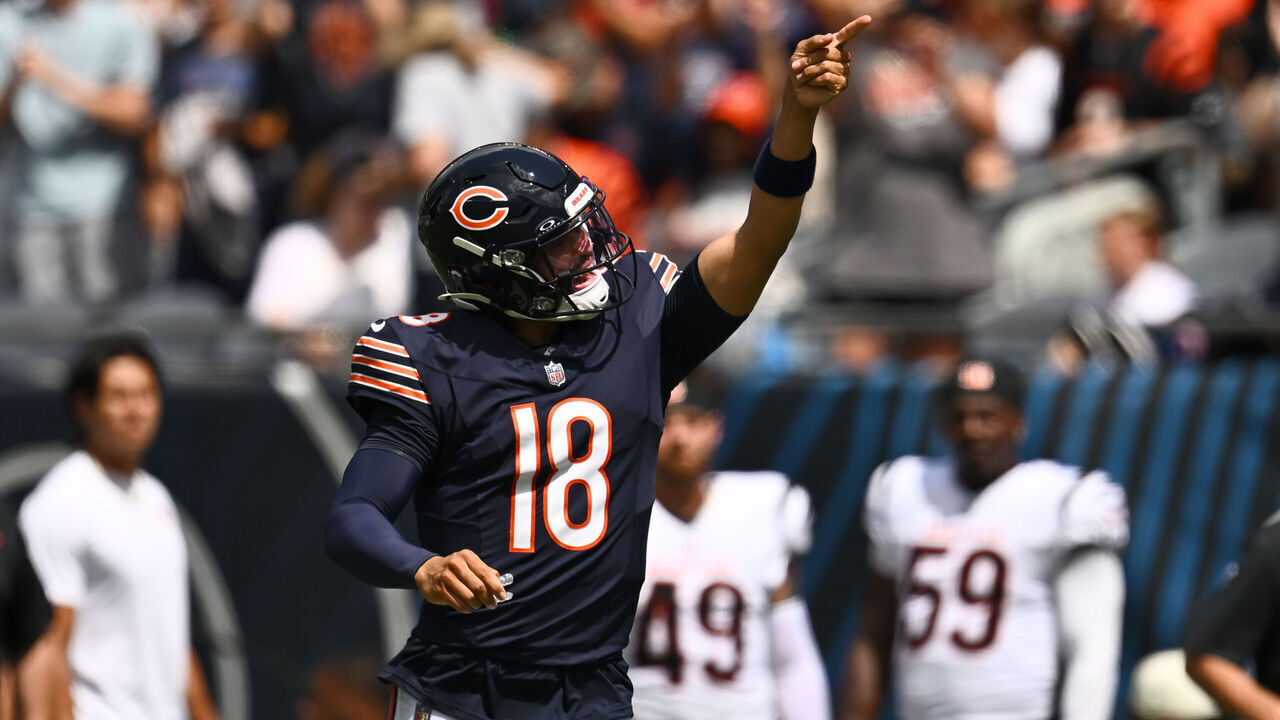 CHICAGO, ILLINOIS - AUGUST 17: Caleb Williams #18 of the Chicago Bears reacts in the first half of a preseason game against the Cincinnati Bengals at Soldier Field on August 17, 2024 in Chicago, Illinois.