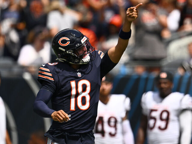 CHICAGO, ILLINOIS - AUGUST 17: Caleb Williams #18 of the Chicago Bears reacts in the first half of a preseason game against the Cincinnati Bengals at Soldier Field on August 17, 2024 in Chicago, Illinois.
