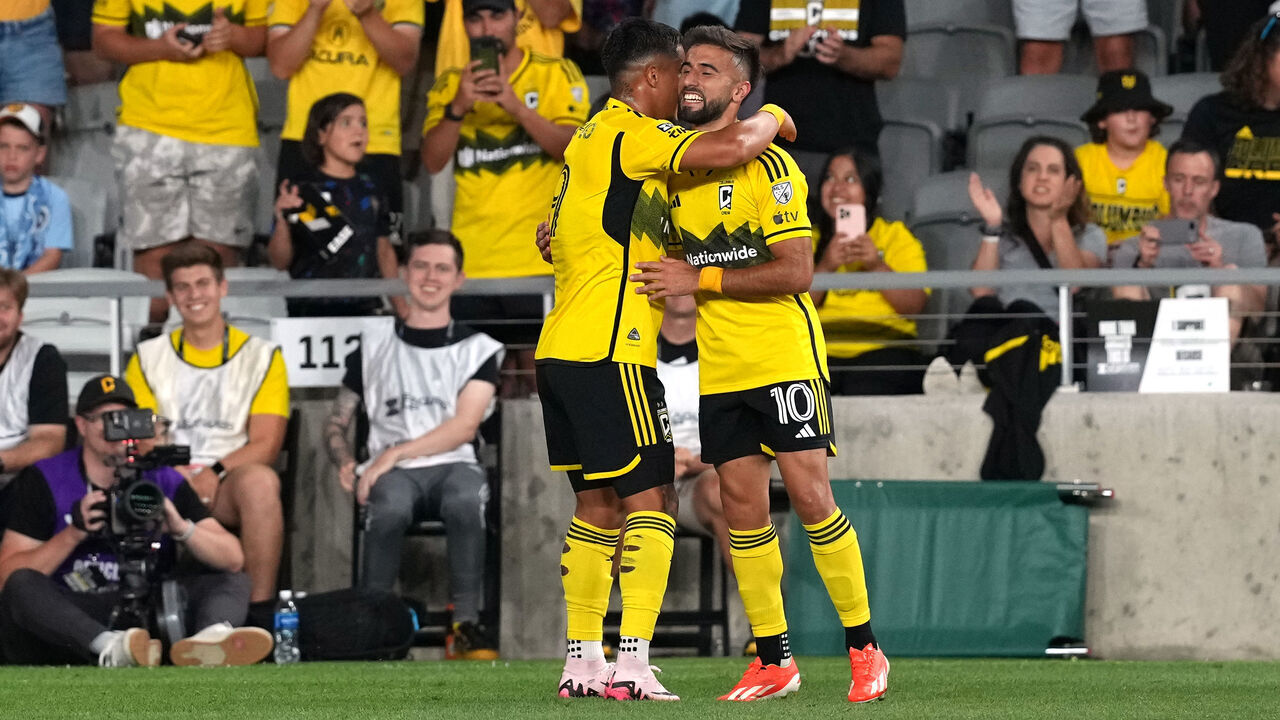 COLUMBUS, OHIO - AUGUST 09: Diego Rossi #10 of the Columbus Crew celebrates a goal with Cucho Hernandez #9 of the Columbus Crew in the second of half the Leagues Cup 2024 match against the Sporting Kansas City at Lower.com Field on August 09, 2024 in Columbus, Ohio.
