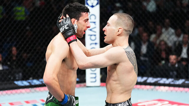 PERTH, AUSTRALIA - AUGUST 18: (R-L) Kai Kara-France of New Zealand and Steve Erceg of Australia talk after a flyweight fight during the UFC 305 event at RAC Arena on August 18, 2024 in Perth, Australia.
