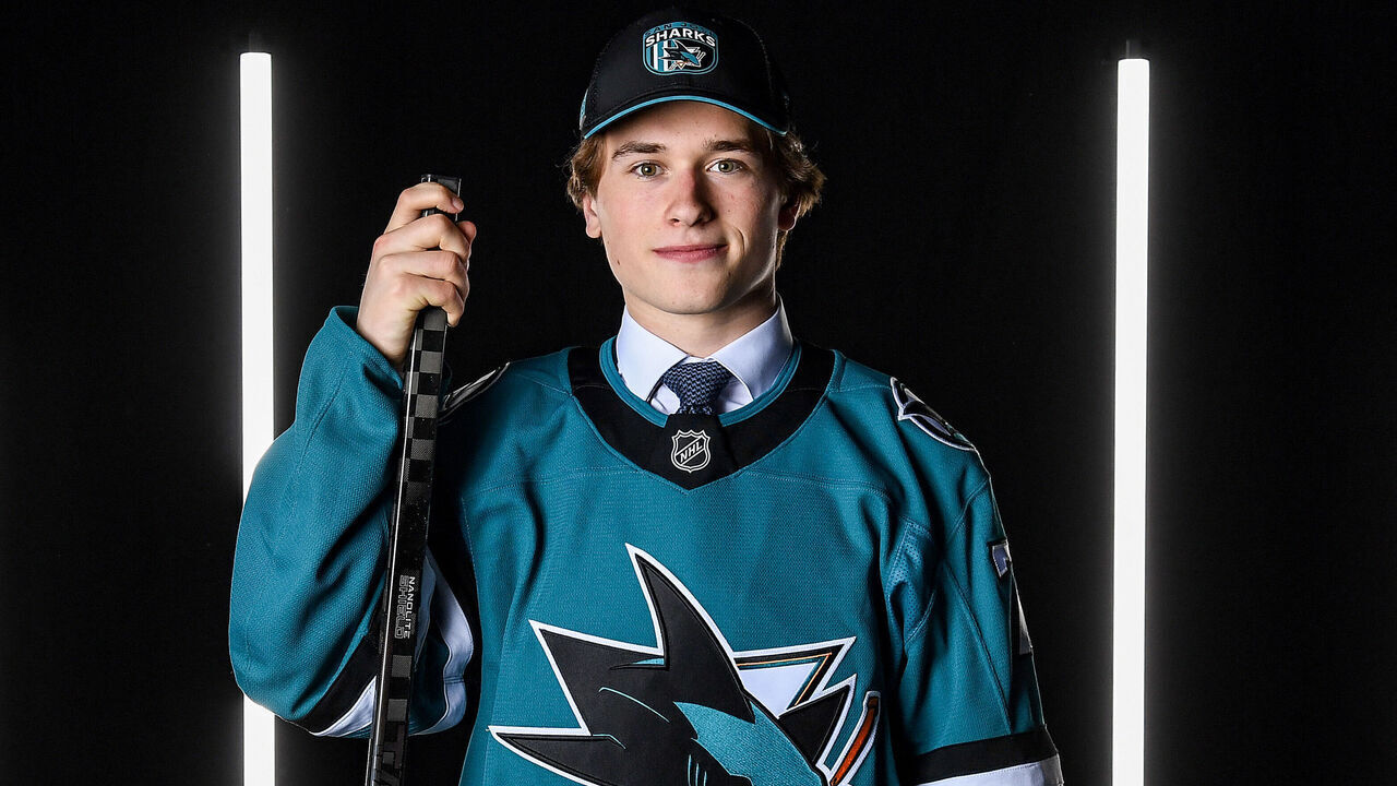 LAS VEGAS, NEVADA - JUNE 28: Macklin Celebrini poses for a portrait after being drafted by the San Jose Sharks with the first overall pick during the 2024 Upper Deck NHL Draft at Sphere on June 28, 2024 in Las Vegas, Nevada.
