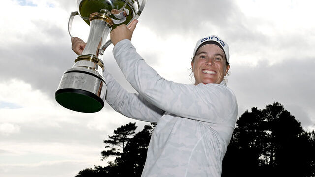 TROON, SCOTLAND - AUGUST 18: Lauren Coughlin of United States pose for a photo with the trophy after winning the ISPS HANDA Women's Scottish Open on the 18th green during the final round of the ISPS HANDA Women's Scottish Open at Dundonald Links Golf Course on August 18, 2024 in Troon, Scotland.
