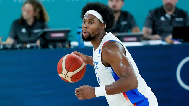 PARIS, FRANCE - AUGUST 8: Guerschon Yabusele of France handles the ball during the Men's Semifinal Game between France and Germany on day thirteen of the Olympic Games Paris 2024 at Arena Bercy on August 8, 2024 in Paris, France.