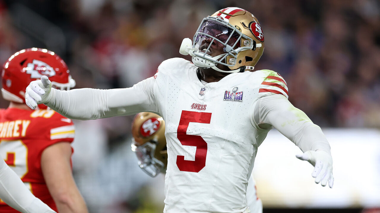 LAS VEGAS, NEVADA - FEBRUARY 11: Randy Gregory #5 of the San Francisco 49ers reacts in the first quarter against the Kansas City Chiefs during Super Bowl LVIII at Allegiant Stadium on February 11, 2024 in Las Vegas, Nevada.