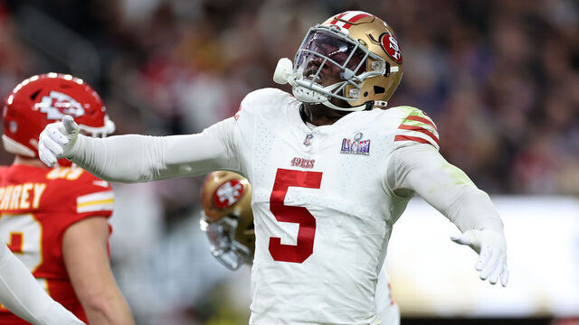 LAS VEGAS, NEVADA - FEBRUARY 11: Randy Gregory #5 of the San Francisco 49ers reacts in the first quarter against the Kansas City Chiefs during Super Bowl LVIII at Allegiant Stadium on February 11, 2024 in Las Vegas, Nevada.