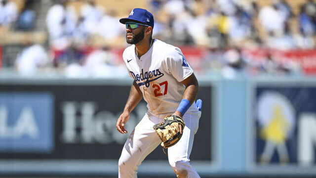 LOS ANGELES, CALIFORNIA - AUGUST 11: Amed Rosario #27 of the Los Angeles Dodgers seen playing the Pittsburgh Pirates at Dodger Stadium on August 11, 2024 in Los Angeles, California.