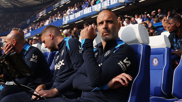 LONDON, ENGLAND - AUGUST 18: Enzo Maresca, Manager of Chelsea, looks on prior to the Premier League match between Chelsea FC and Manchester City FC at Stamford Bridge on August 18, 2024 in London, England.