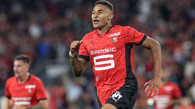Rennes' Danish forward #19 Henrik Wendel Meister celebrates scoring his team's third goal during the French L1 football match between Stade Rennais FC and Olympique Lyonnais (OL) at Roazhon Park stadium in Rennes, western France on August 18, 2024.