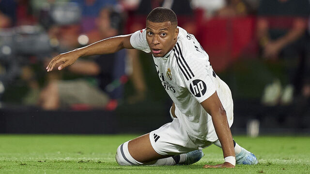 MALLORCA, SPAIN - AUGUST 18: Kylian Mbappe of Real Madrid reacts during the La Liga EA Sports match between RCD Mallorca and Real Madrid CF at Estadi de Son Moix on August 18, 2024 in Mallorca, Spain.