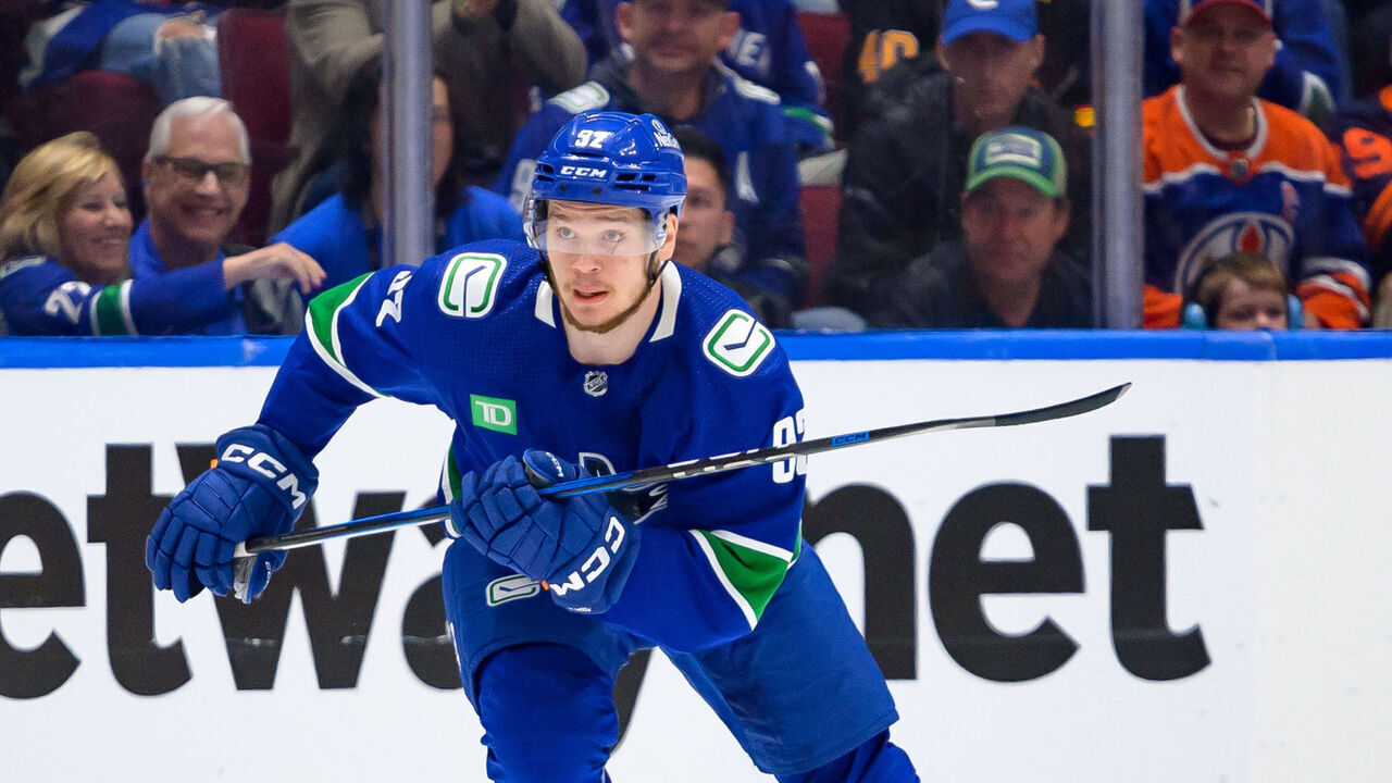 VANCOUVER, CANADA - MAY 16: Vasily Podkolzin #92 of the Vancouver Canucks skates during the second period in Game Five of the Second Round of the 2024 Stanley Cup Playoffs against the Edmonton Oilers at Rogers Arena on May 16, 2024 in Vancouver, British Columbia, Canada.