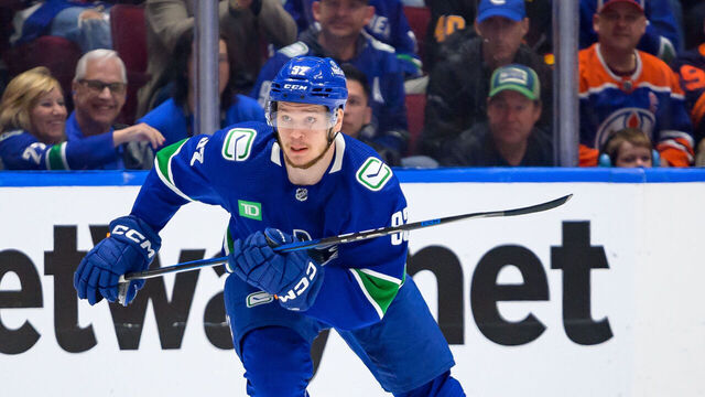 VANCOUVER, CANADA - MAY 16: Vasily Podkolzin #92 of the Vancouver Canucks skates during the second period in Game Five of the Second Round of the 2024 Stanley Cup Playoffs against the Edmonton Oilers at Rogers Arena on May 16, 2024 in Vancouver, British Columbia, Canada.