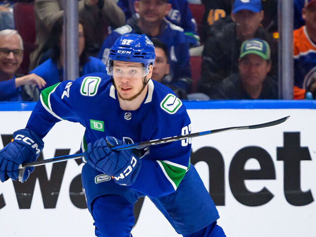 VANCOUVER, CANADA - MAY 16: Vasily Podkolzin #92 of the Vancouver Canucks skates during the second period in Game Five of the Second Round of the 2024 Stanley Cup Playoffs against the Edmonton Oilers at Rogers Arena on May 16, 2024 in Vancouver, British Columbia, Canada.