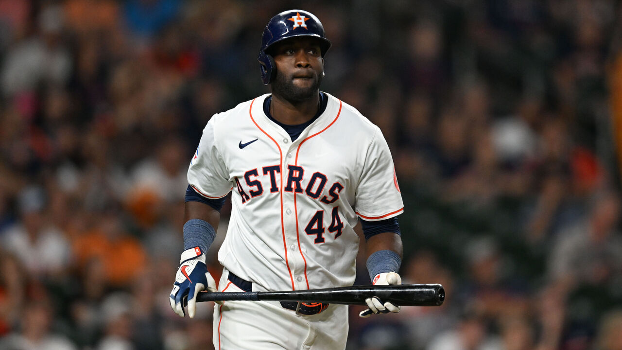 HOUSTON, TEXAS - AUGUST 3: Yordan Alvarez #44 of the Houston Astros bats against the Tampa Bay Rays at Minute Maid Park on August 3, 2024 in Houston, Texas.