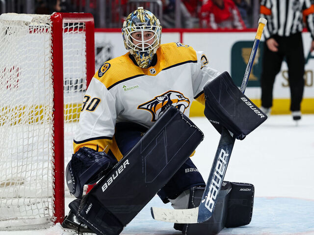 WASHINGTON, DC - DECEMBER 30: Yaroslav Askarov #30 of the Nashville Predators tends net against the Washington Capitals during overtime in the game at Capital One Arena on December 30, 2023 in Washington, DC.