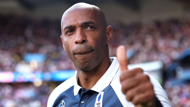 PARIS, FRANCE - AUGUST 09: Thierry Henry, Head Coach of Team France looks on prior to the Men's Gold Medal match between France and Spain during the Olympic Games Paris 2024 at Parc des Princes on August 09, 2024 in Paris, France.