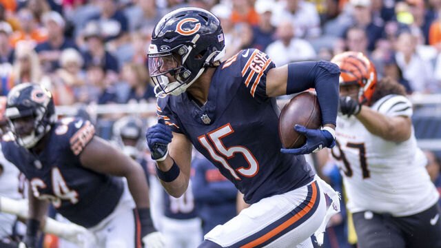 CHICAGO, IL - AUGUST 17: Chicago Bears wide receiver Rome Odunze (15) runs the ball during a preseason game between the Cincinnati Bengals and the Chicago Bears on August 17, 2024, at Soldier Field in Chicago, Illinois.