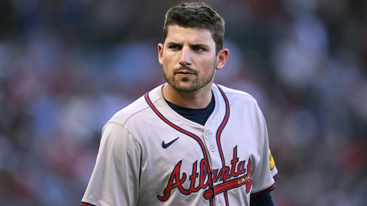 ANAHEIM, CALIFORNIA - AUGUST 17: Austin Riley #27 of the Atlanta Braves looks on during the second inning against the Los Angeles Angels at Angel Stadium of Anaheim on August 17, 2024 in Anaheim, California.