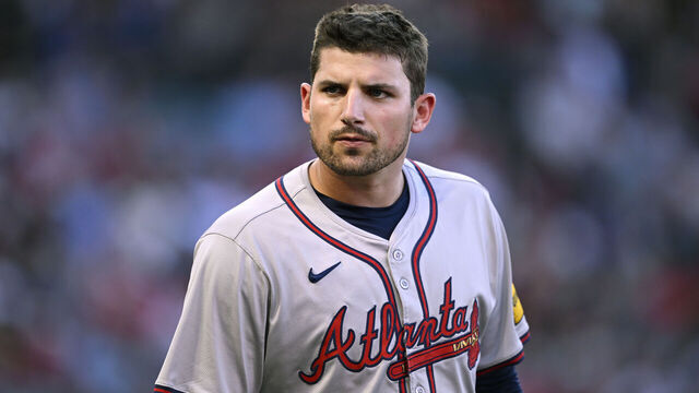 ANAHEIM, CALIFORNIA - AUGUST 17: Austin Riley #27 of the Atlanta Braves looks on during the second inning against the Los Angeles Angels at Angel Stadium of Anaheim on August 17, 2024 in Anaheim, California.