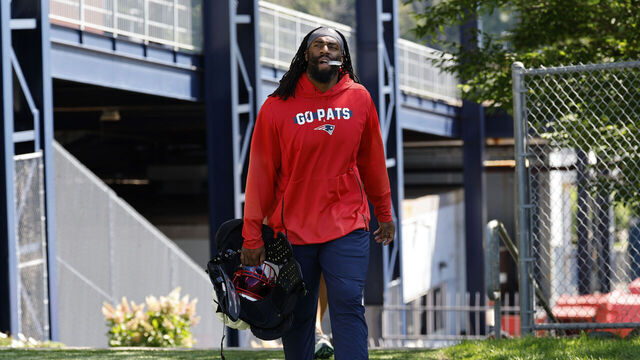 FOXBOROUGH, MA - AUGUST 13: New England Patriots outside linebacker Matthew Judon (9) arrives during joint training camp between the New England Patriots and the Philadelphia Eagles on August 13, 2024, at Gillette Stadium in Foxborough, Massachusetts.