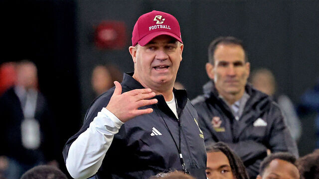 Boston, MA - March 11: Boston College head coach Bill O'Brien talks to his team on the first day of Spring Practice.