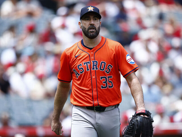 ANAHEIM, CALIFORNIA - JUNE 09: Justin Verlander #35 of the Houston Astros walks to the dugout after the third out against the Los Angeles Angels in the second inning at Angel Stadium of Anaheim on June 09, 2024 in Anaheim, California.