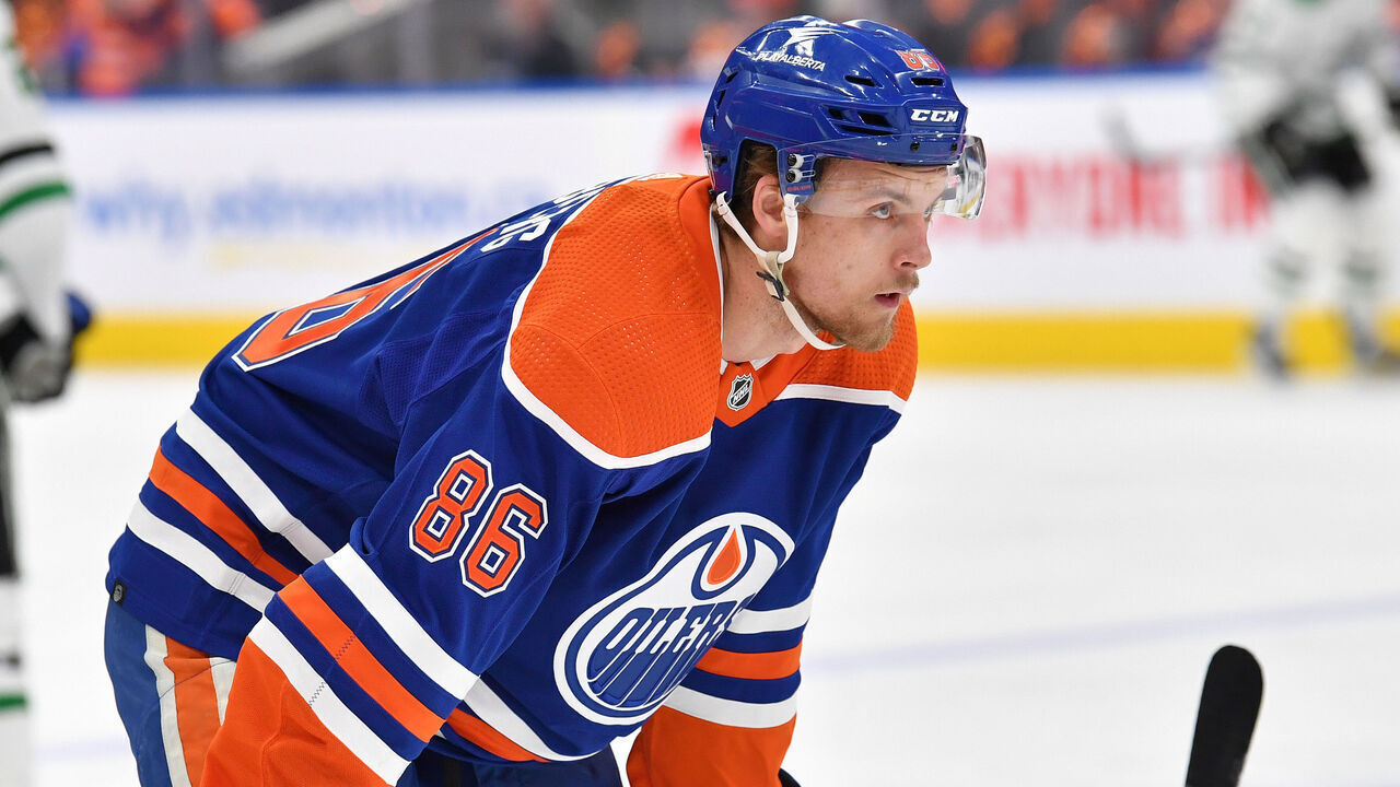 EDMONTON, CANADA - MAY 29: Philip Broberg #86 of the Edmonton Oilers warms up before Game Four of the Western Conference Final of the 2024 Stanley Cup Playoffs against the Dallas Stars at Rogers Place on May 29, 2024, in Edmonton, Alberta, Canada.