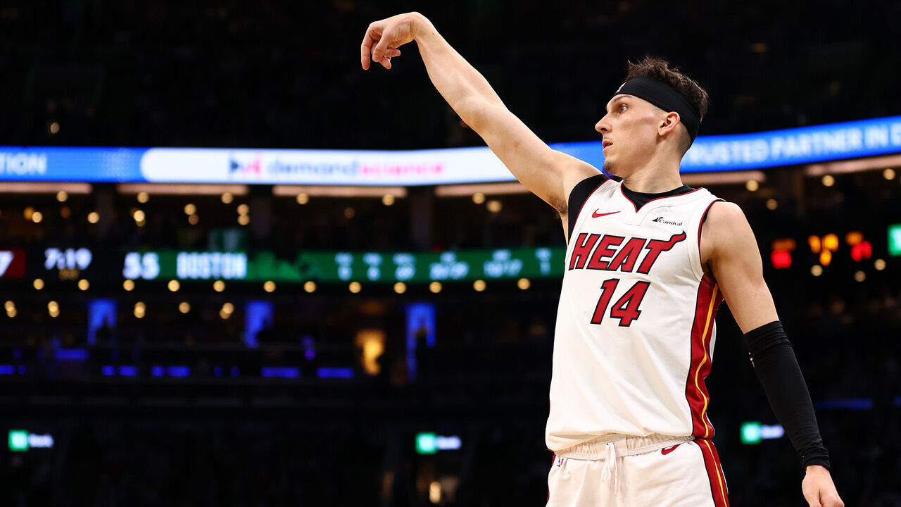 BOSTON, MASSACHUSETTS - MAY 01: Tyler Herro #14 of the Miami Heat watches his shot against the Boston Celtics during the second quarter of game five of the Eastern Conference First Round Playoffs at TD Garden on May 01, 2024 in Boston, Massachusetts. NOTE TO USER: User expressly acknowledges and agrees that, by downloading and/or using this Photograph, user is consenting to the terms and conditions of the Getty Images License Agreement.