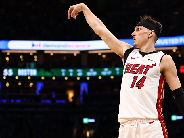BOSTON, MASSACHUSETTS - MAY 01: Tyler Herro #14 of the Miami Heat watches his shot against the Boston Celtics during the second quarter of game five of the Eastern Conference First Round Playoffs at TD Garden on May 01, 2024 in Boston, Massachusetts. NOTE TO USER: User expressly acknowledges and agrees that, by downloading and/or using this Photograph, user is consenting to the terms and conditions of the Getty Images License Agreement.