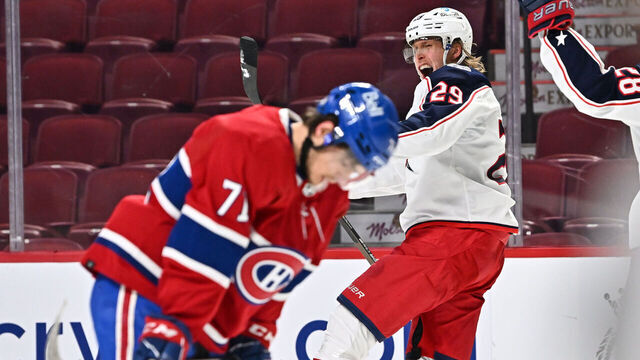 MONTREAL, QC - FEBRUARY 12: Patrik Laine #29 of the Columbus Blue Jackets celebrates his power-play goal during the third period against the Montreal Canadiens at Centre Bell on February 12, 2022 in Montreal, Canada. The Columbus Blue Jackets defeated the Montreal Canadiens 2-1.