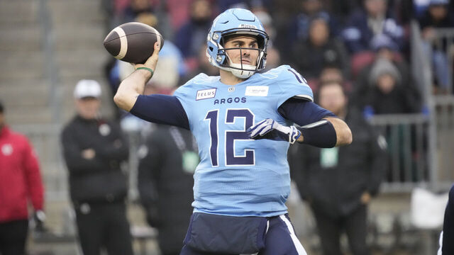 TORONTO, CANADA - NOVEMBER 11: Chad Kelly #12 of the Toronto Argonauts throws a pass against the Montreal Alouettes during the first half of the CFL Eastern Final at BMO Field on November 11, 2023 in Toronto, Canada.