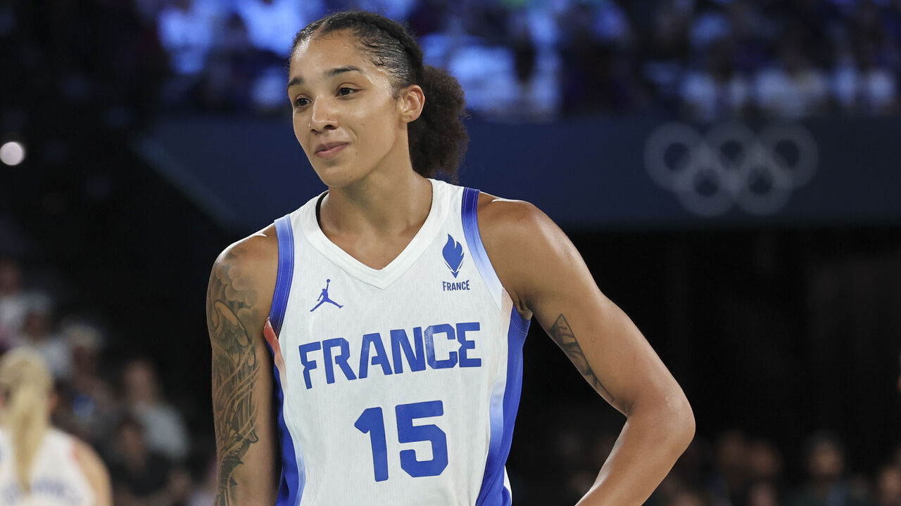 PARIS, FRANCE - AUGUST 11: Gabrielle Gabby Williams #15 of Team France looks on during the Women's Gold Medal game between Team France and Team USA on day sixteen of the Olympic Games Paris 2024 at Bercy Arena on August 11, 2024 in Paris, France.