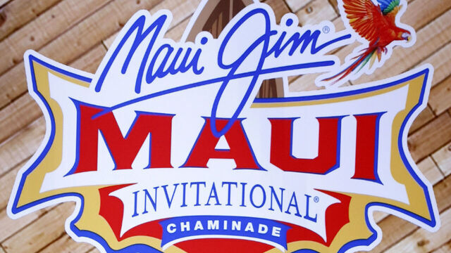 LAS VEGAS, NV - NOVEMBER 24: Signage on display as the Texas A&M Aggies play against the Notre Dame Fighting Irish during the Maui Jim Maui Invitational on November 24, 2021 at the Michelob Ultra Arena at Mandalay Bay Resort in Las Vegas, Nevada.
