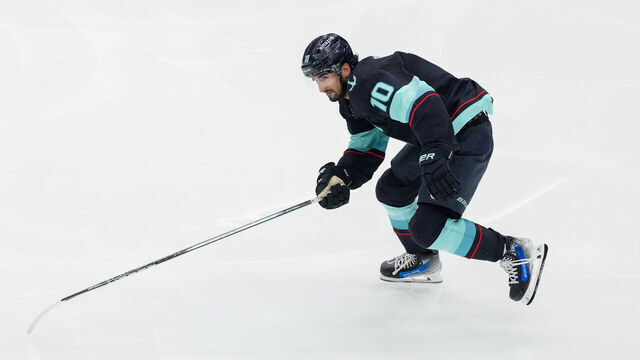 SEATTLE, WASHINGTON - APRIL 11: Matty Beniers #10 of the Seattle Kraken skates during the second period of a game against the San Jose Sharks at Climate Pledge Arena on April 11, 2024 in Seattle, Washington.