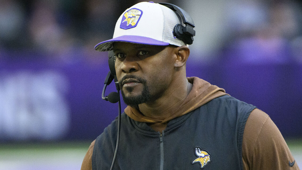 MINNEAPOLIS, MINNESOTA - NOVEMBER 12: Defensive coordinator Brian Flores of the Minnesota Vikings looks on in the third quarter of the game against the New Orleans Saints at U.S. Bank Stadium on November 12, 2023 in Minneapolis, Minnesota.