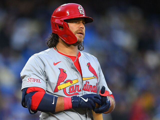 LOS ANGELES, CA - MARCH 30: St. Louis Cardinals shortstop Brandon Crawford looks on during the MLB game between the St. Louis Cardinals and the Los Angeles Dodgers on March 30, 2024 at Dodger Stadium in Los Angeles, CA.